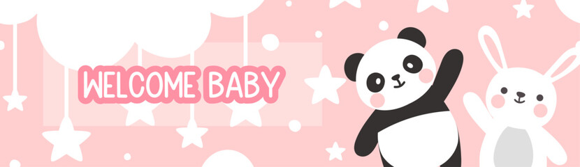 Welcome Baby, Baby Shower Cute Banner Design, pink kids banner with panda bear and little rabbit