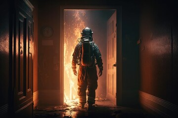 Firefighter searching for possible survives. Generative AI