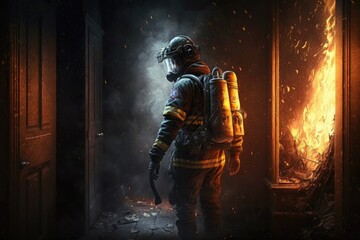 Fototapeta premium Firefighter searching for possible survives. Generative AI
