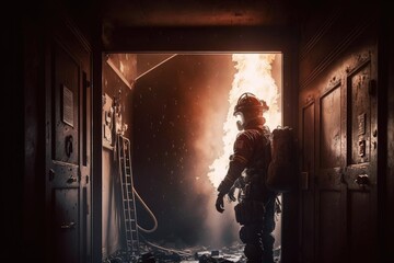 Fototapeta na wymiar Firefighter searching for possible survives. Generative AI