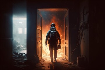 Firefighter searching for possible survives. Generative AI