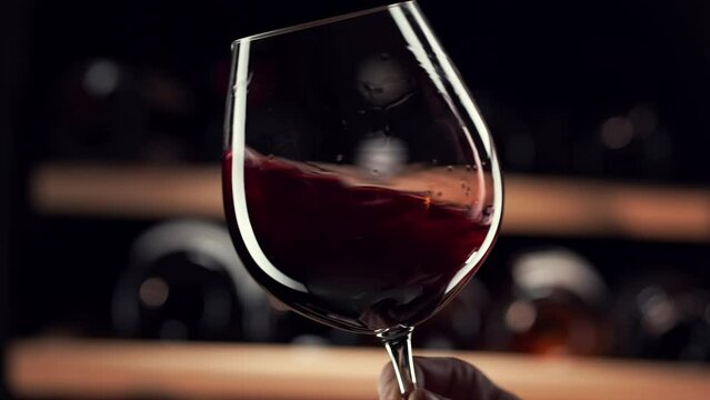 Close up man smelling red wine in wine glass. Wine expert tasting, rating and drinking wine, bottles in background.