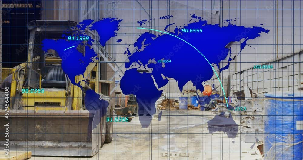 Poster animation of map with numbers and lines over backhoe loaders truck parked in background