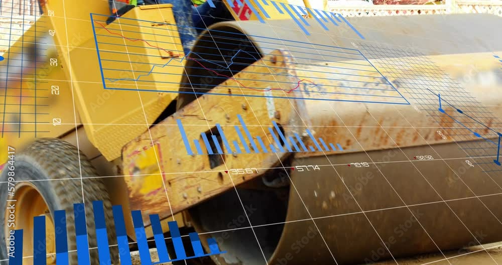 Poster animation of graphs and changing numbers over caucasian man levelling ground using road roller