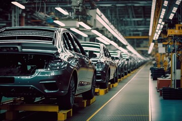 Car factory with assembly lines and rows of shiny new vehicles waiting for delivery, concept of Automation and Efficiency, created with Generative AI technology