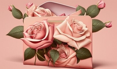 a pink purse with roses on it and a pink background.  generative ai