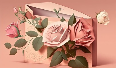  a pink box with three roses inside of it on a pink background.  generative ai