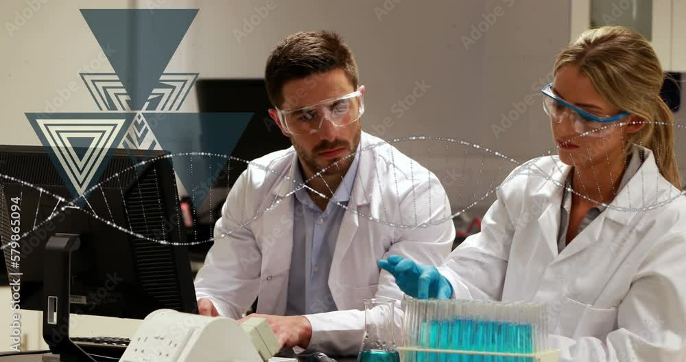 Aufkleber animation of dna helix over caucasian scientist feeding samples details in computer at laboratory