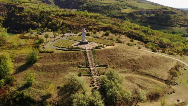Giant statue of the Blessing Jesus Christ in Tarcal, Zemplen, Religious monument in Tokaj wine region, Hungary.