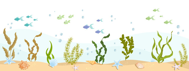 Flocks of fish swim at the bottom of the aquarium.Cartoon vector graphics.