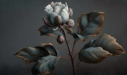  a painting of a white rose with green leaves on a dark background.  generative ai