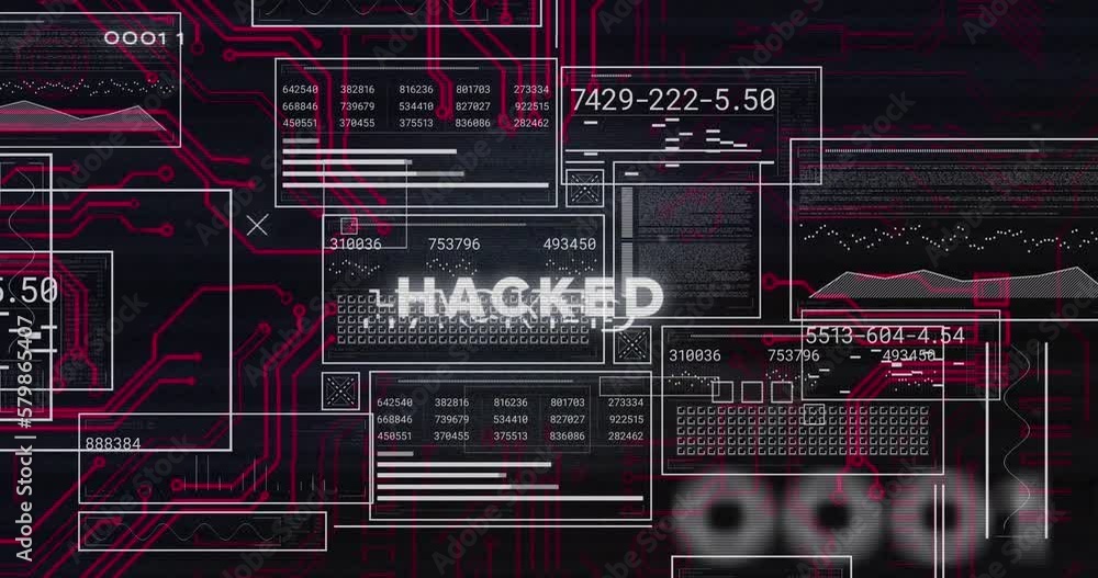 Poster animation of binary codes over hacked text on loading bars, numbers in circles on black background