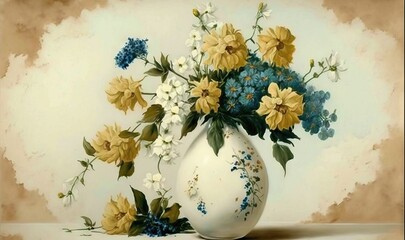  a painting of a white vase filled with yellow and blue flowers.  generative ai