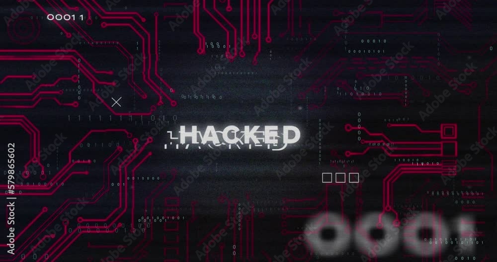 Poster animation of binary codes over hacked text in circuit board pattern against black background