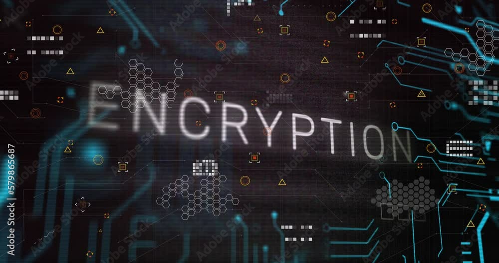 Poster animation of x symbol on encryption text over circuit board patterns against black background