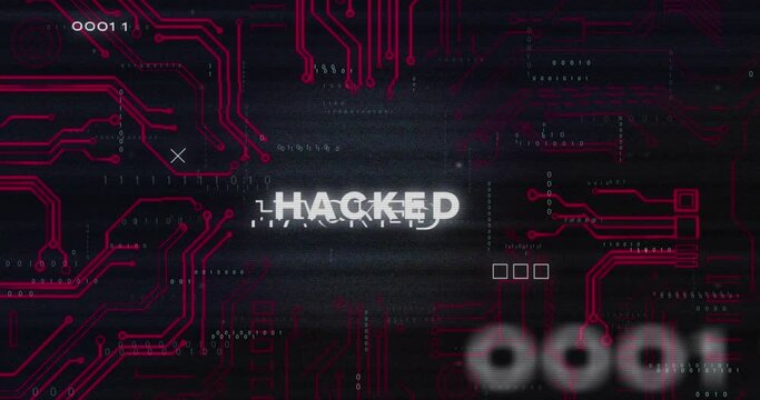 Animation of binary codes over hacked text in circuit board pattern against black background