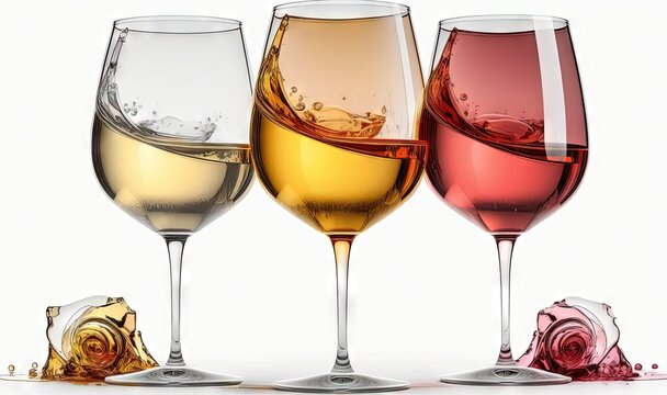  three wine glasses with different colored wines in them and a snail.  generative ai