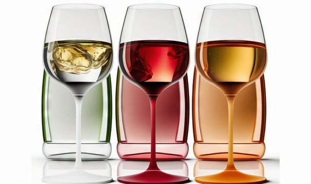  three wine glasses with different colored liquids in them and one filled with wine.  generative ai