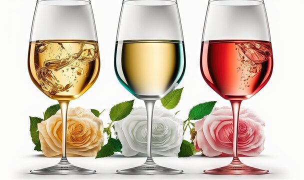  three glasses of wine with roses and leaves on a white background.  generative ai