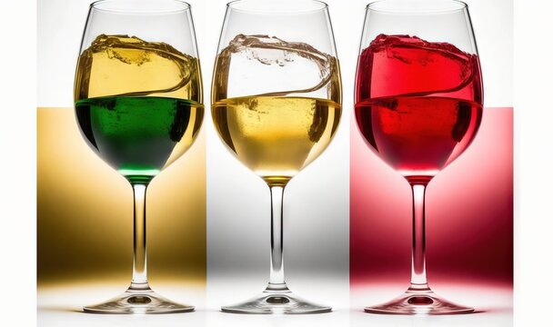  three glasses of different colored wine are shown in this picture.  generative ai
