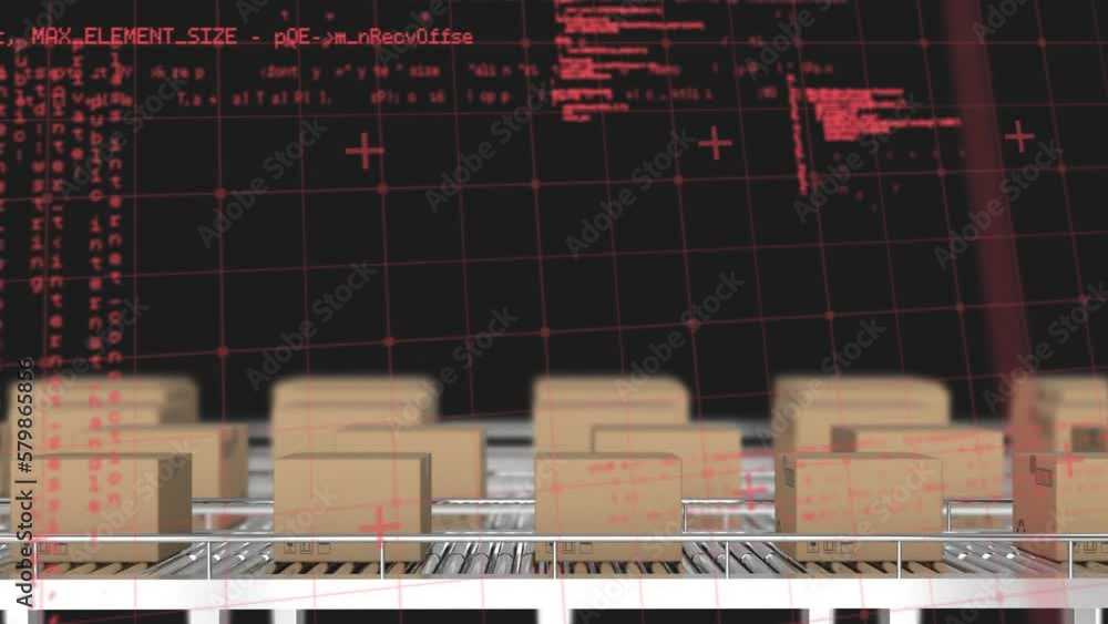 Poster animation of grid pattern and computer language over cardboard boxes against black background