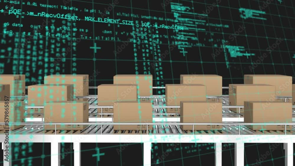 Poster animation of grid pattern and computer language over cardboard boxes against black background