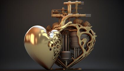 3d rendering of a heart made of engine parts on white background with shadow. 3D rendering. Abstract medicine. Abstract background. Generative AI technology