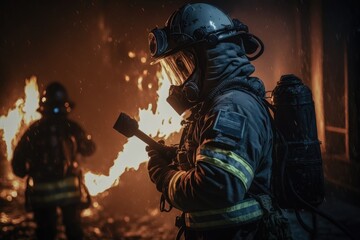 Fototapeta premium Firefighter searching for possible survives. Generative AI