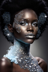 Black afro American fashion model with Swarovski crystal makeup and clothing, fictitious person. AI generated image