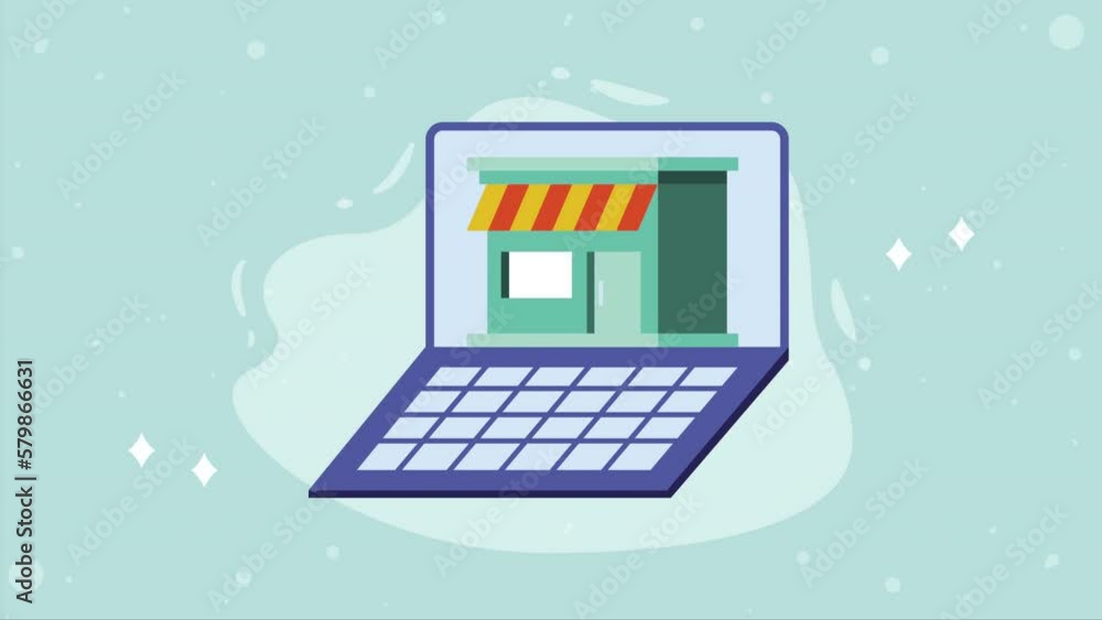 Poster laptop computer with store building animation