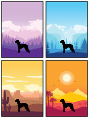 Bedlington Terrier Dog Breed Silhouette Sunset Forest Nature Background 4 Posters Stickers Cards Vector Illustration EPS