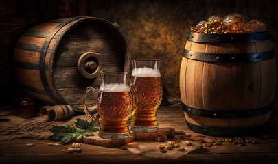  two mugs of beer next to a barrel of beer.  generative ai