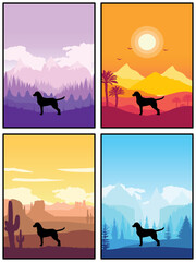 Chesapeake Bay Retriever Dog Breed Silhouette Sunset Forest Nature Background 4 Posters Stickers Cards Vector Illustration EPS