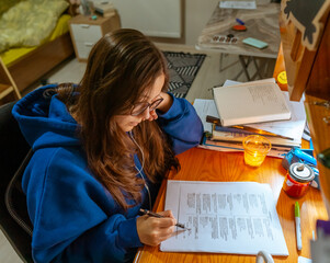 The beautiful girl is studying at home.