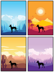 Cirneco Dell Etna Dog Breed Silhouette Sunset Forest Nature Background 4 Posters Stickers Cards Vector Illustration EPS