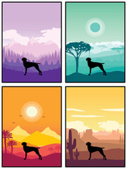 Old Danish Pointer Dog Breed Silhouette Sunset Forest Nature Background 4 Posters Stickers Cards Vector Illustration EPS