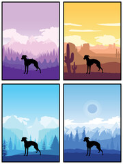Rampur Greyhound Dog Breed Silhouette Sunset Forest Nature Background 4 Posters Stickers Cards Vector Illustration EPS