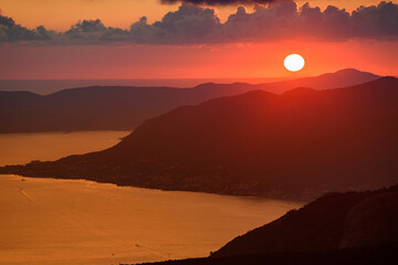 Fototapeta premium Sunset in Kotor bay. Montenegro, Adriatic Sea, Balkans