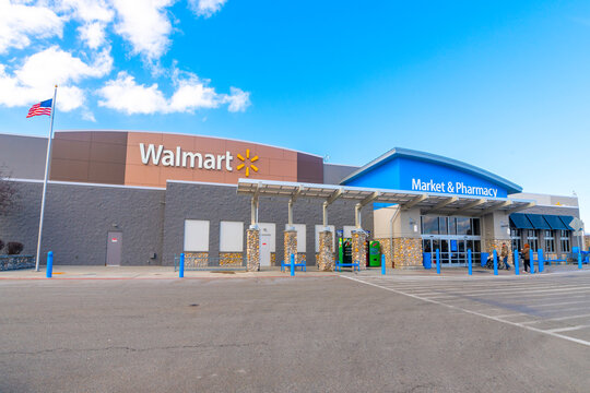 General view of the facade, sign and entrance of a Walmart Superstore market and pharmacy in Post Falls, Idaho, on March 9 2023.