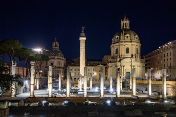 Trajan's Forum in Rome, Italy. Trajan's Column that commemorates Roman emperor Trajan's victory in the Dacian Wars.