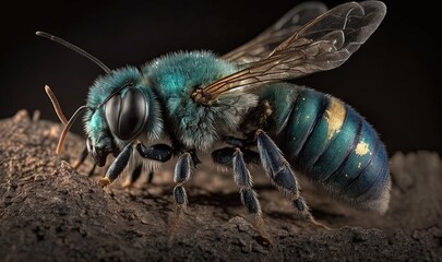  a close up of a blue bee on a black background.  generative ai