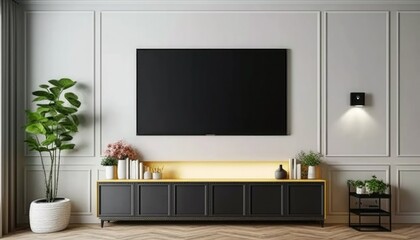 Fototapeta na wymiar TV and cabinet in modern living room, Living room interior with modern and cabinet