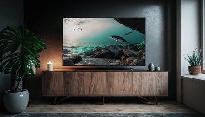 TV and cabinet in modern living room, Living room interior with modern and cabinet