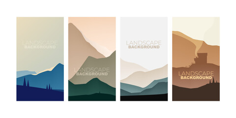 Landscape poster wallpaper background collection. Mountains with sky outdoor silhouette scenery illustration. Vector flat illustration