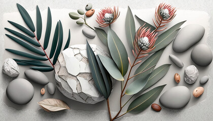 Natural flat lay with pebbles, eucalyptus and protea.