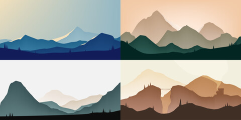 Landscape wallpaper background collection. Mountains with sky outdoor silhouette scenery illustration. Four vector flat illustration