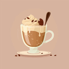 Flat cartoon illustration of cute beautiful glass cup of coffee glasse drink in pastel brown colors