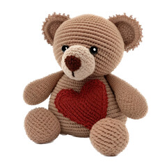 a spring-themed illustration featuring adorable isolated knitted or crochet teddy bear plush toys, including red hearts, all set on a transparent background and provided in PNG. Generative AI