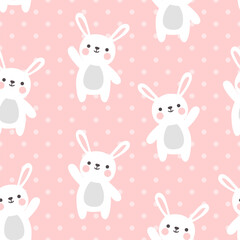 Obraz na płótnie Canvas Cute white rabbit on a pastel pink background with polka dot texture, kids kawaii seamless pattern