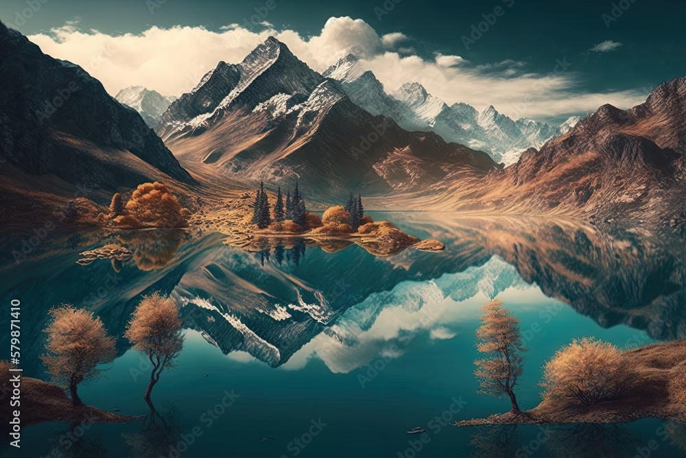 Poster a scene of nature comprised of mountains and lakes generative ai